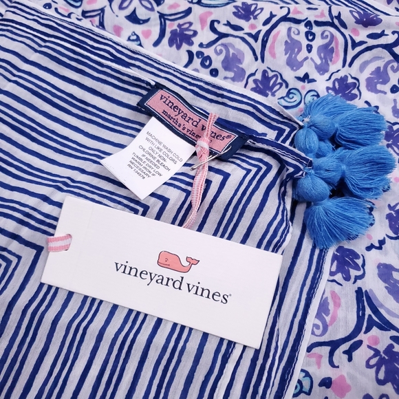 NWT VINEYARD VINES white blue seahorse print tassled cotton wrap scarf - Picture 4 of 5
